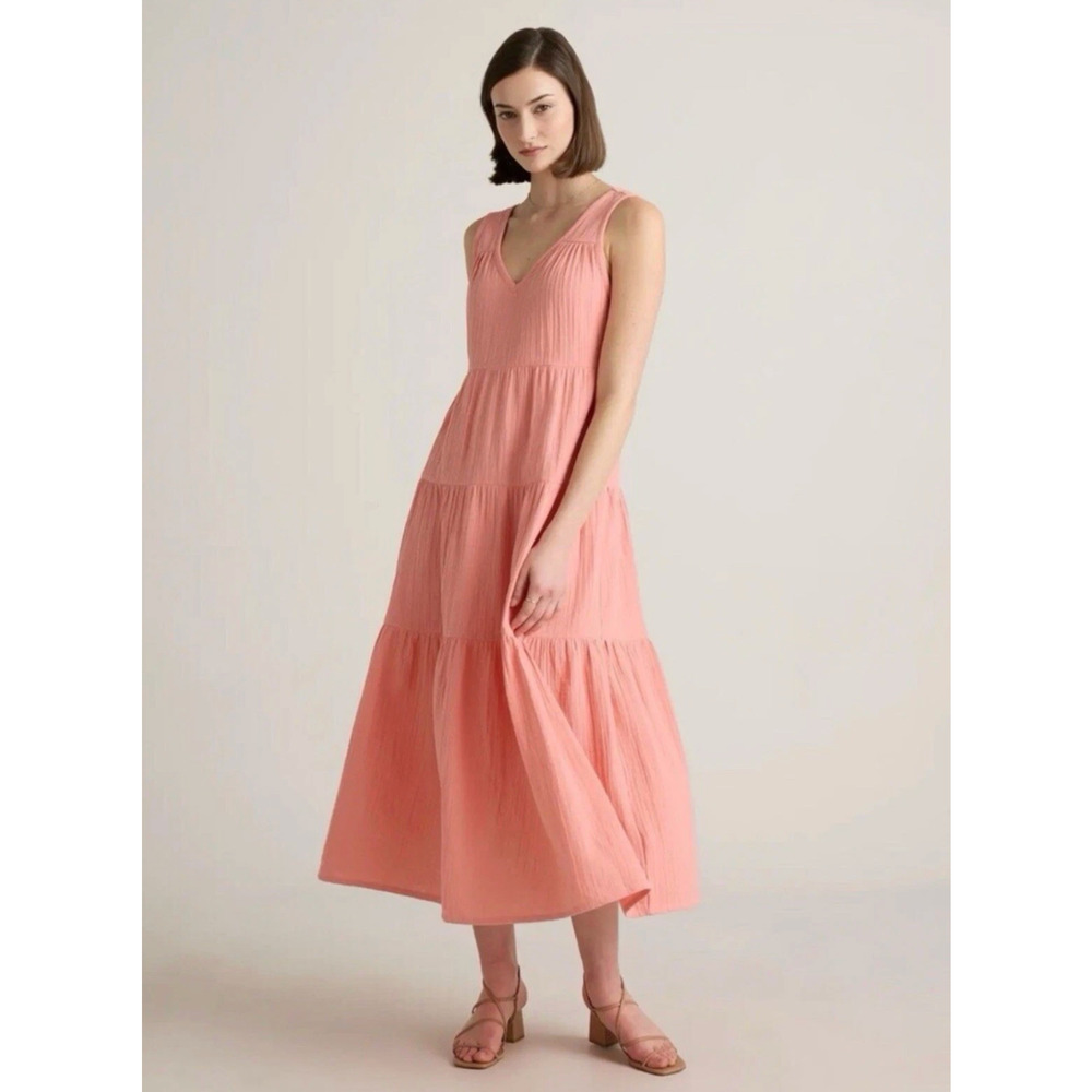 Quince 100% Organic Cotton Gauze Tiered Maxi Dress XL NWT Coral Blush Pink